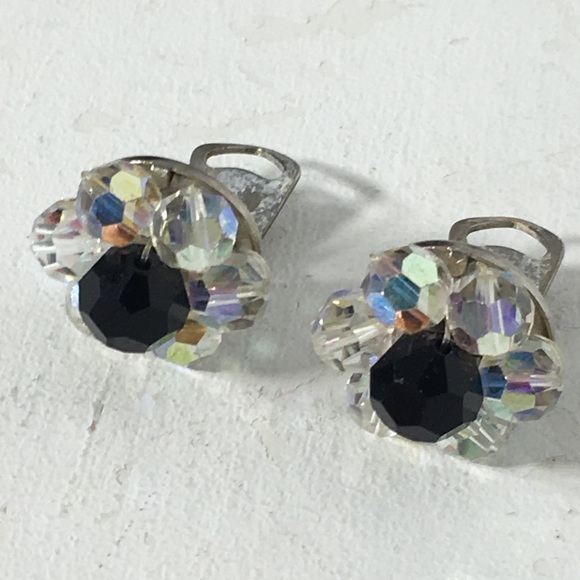 Vintage Clear AB Black Beaded Clip Earrings - Picture 4 of 8